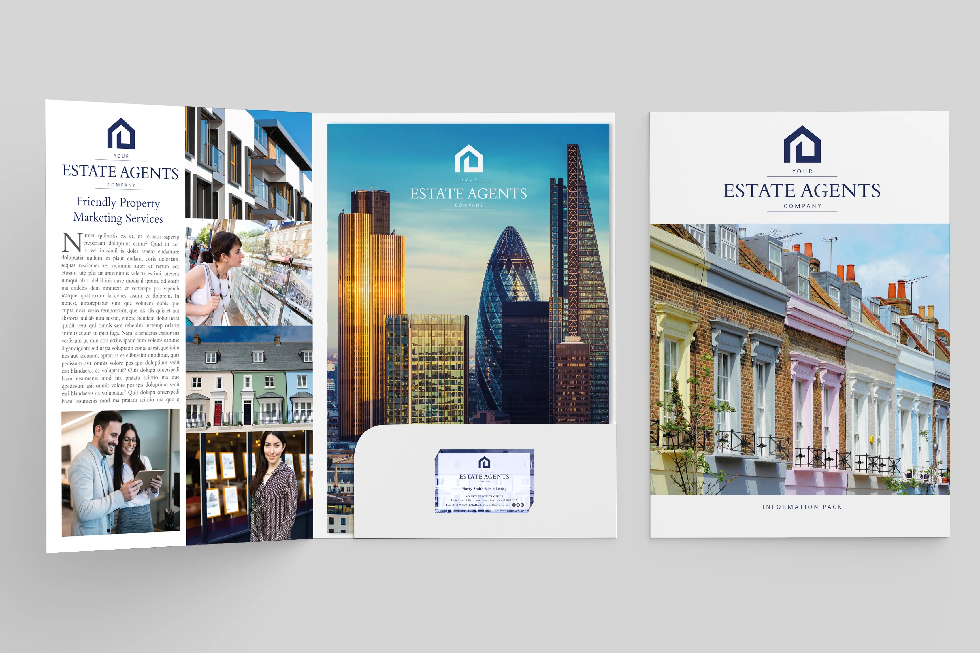 A mock-up of a presentation folder design for an estate agents