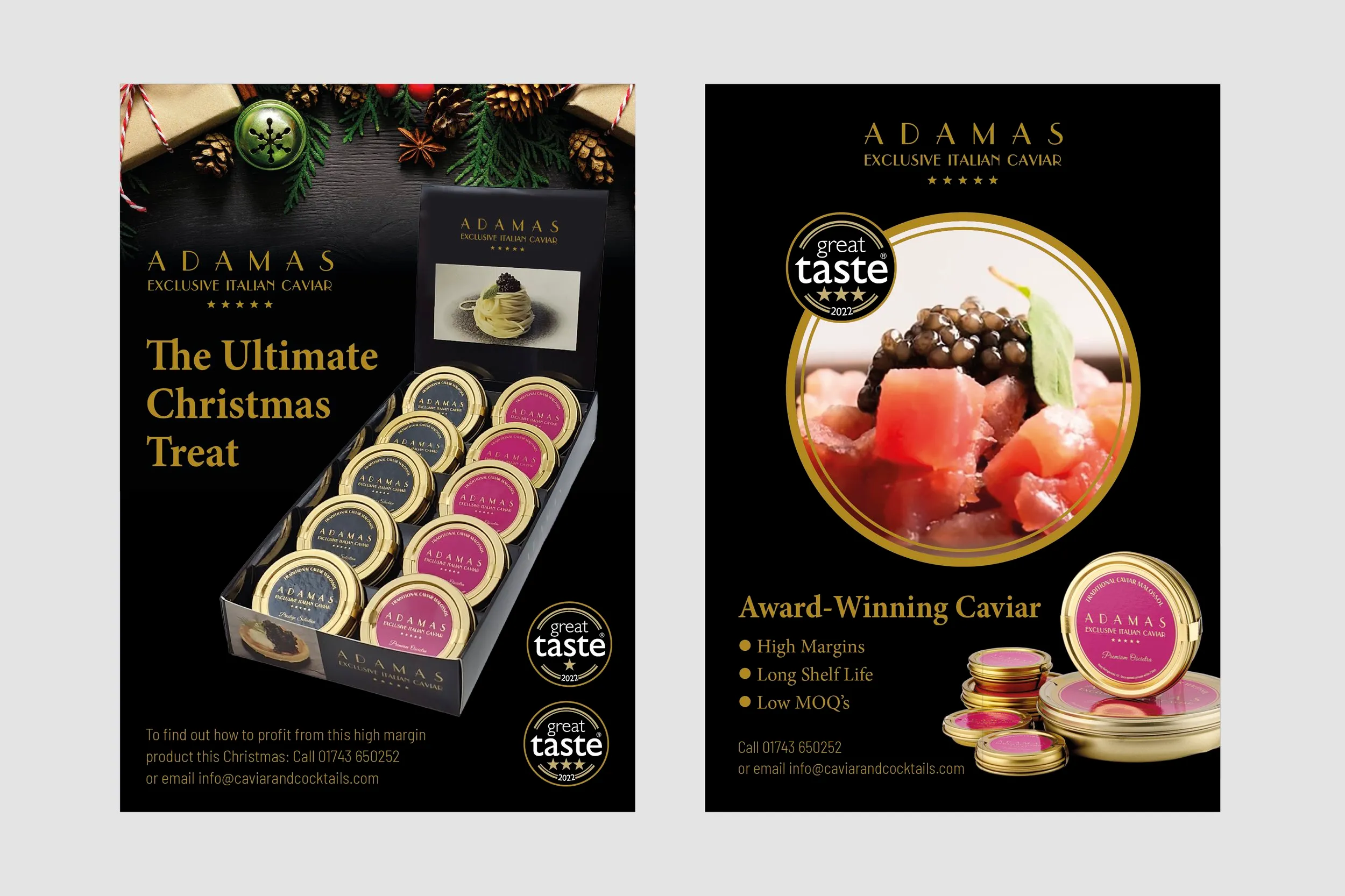 A mock-up of two magazine adverts designed for Adamas caviar