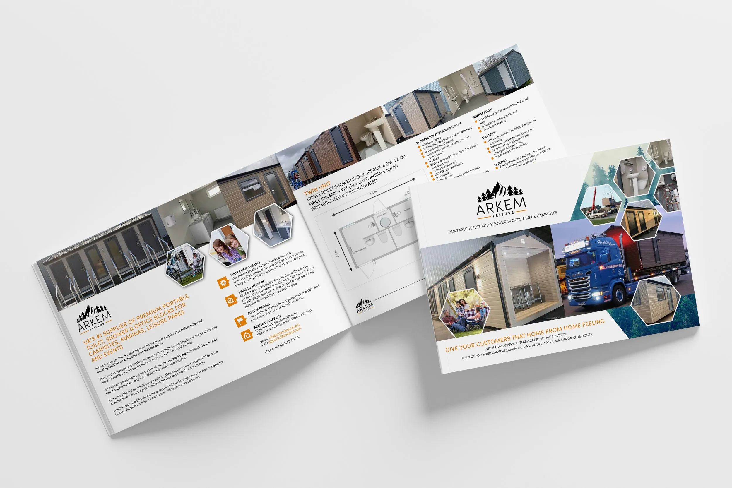 A mock-up of a printed brochure designed for Arkem Leisure