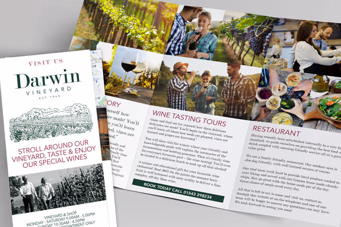 A mock-up of a trifold leaflet designed for Darwin vineyards