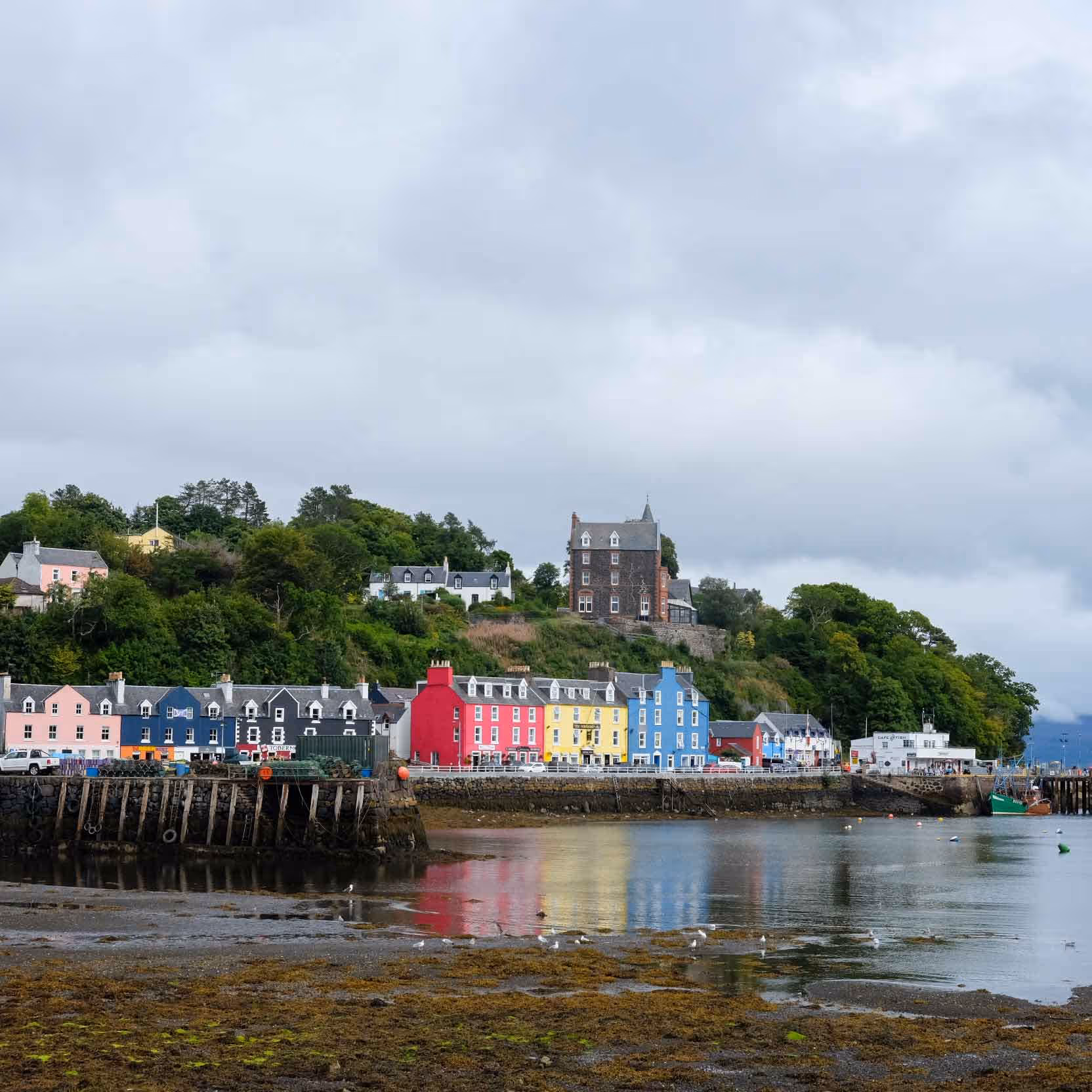 A photograph looking across the sea to a lovely multi-coloured row of houses on the Isle of Mull 