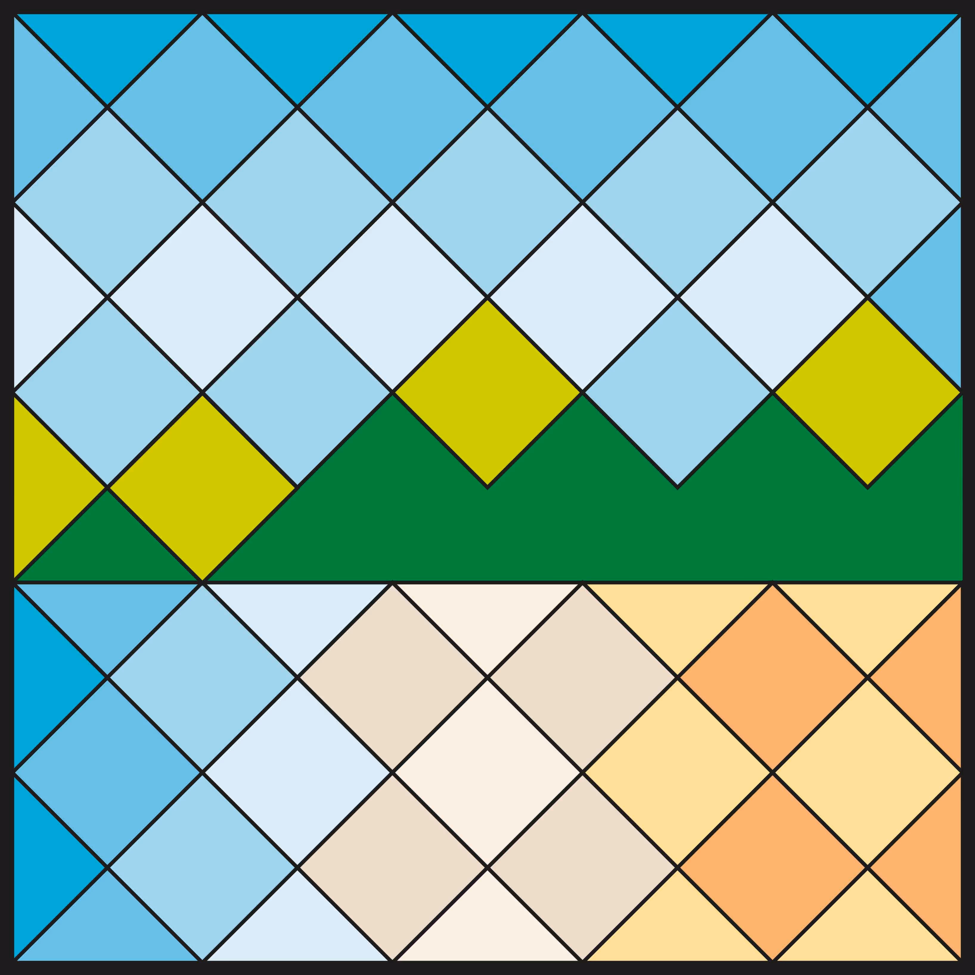 A digital recreation of a stained glass window of mountains by a lake 
