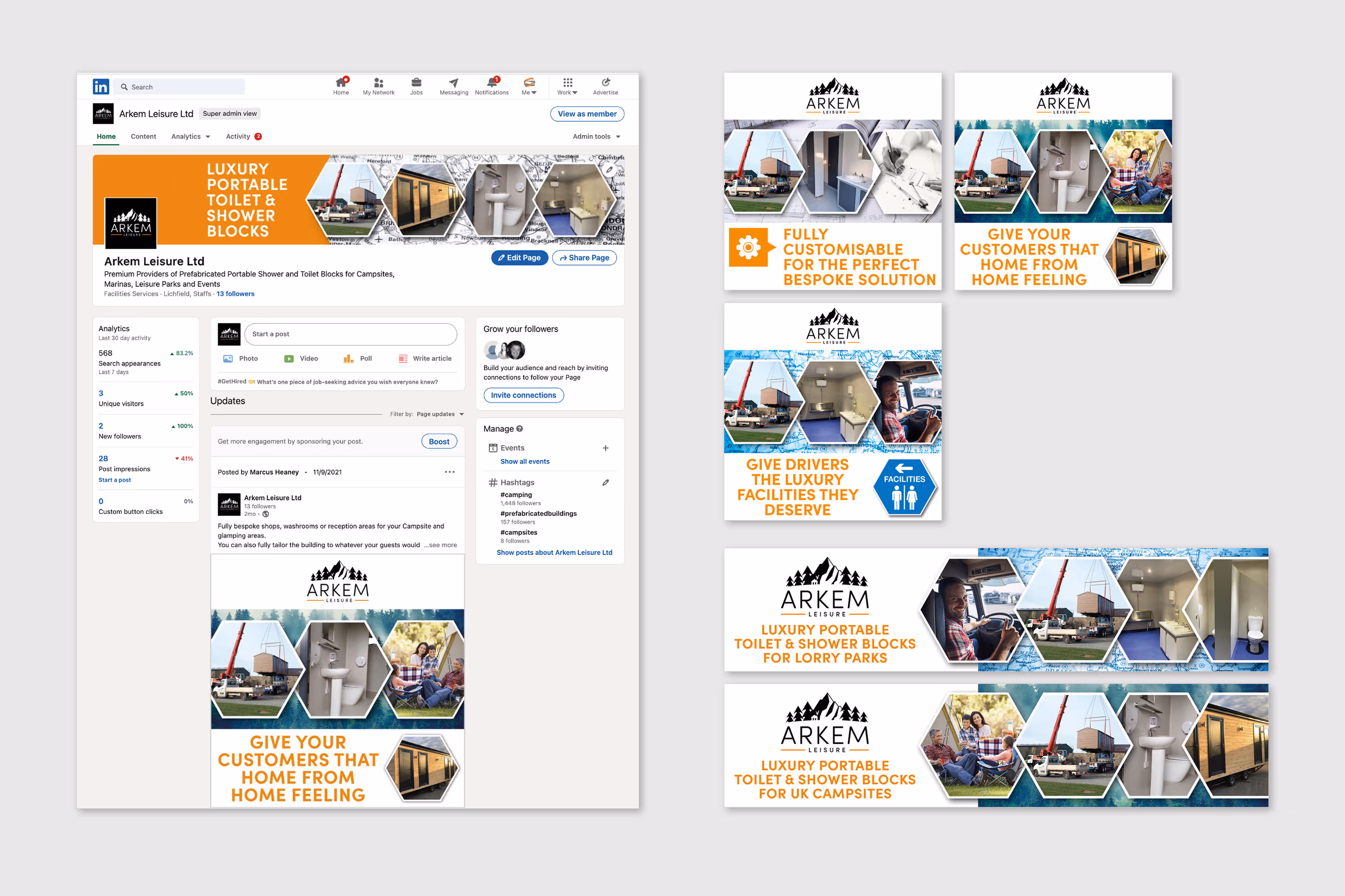 A graphic showcasing the social media posts and banners designed for Arkem leisure