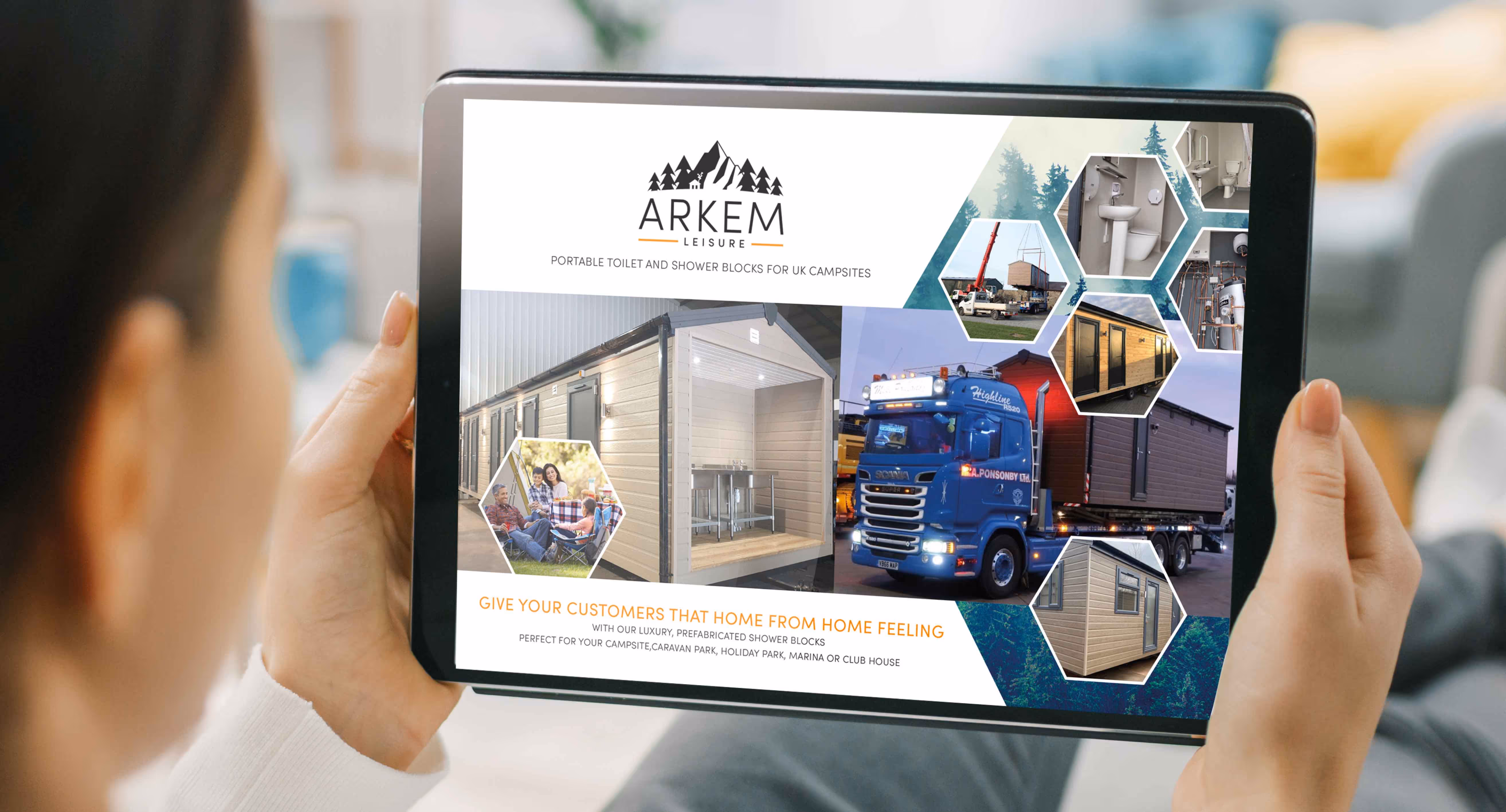 A mock-up of a digital brochure designed for Arkem Leisure