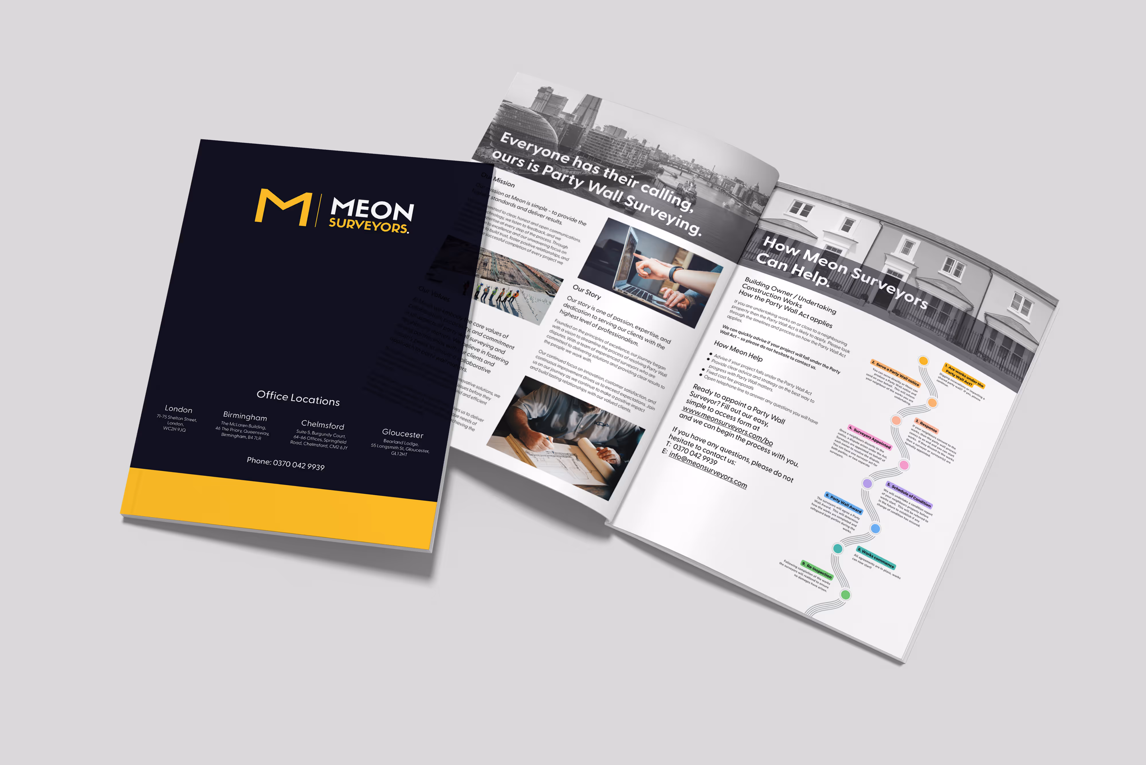 A mock-up of a brochure design for a surveying company
