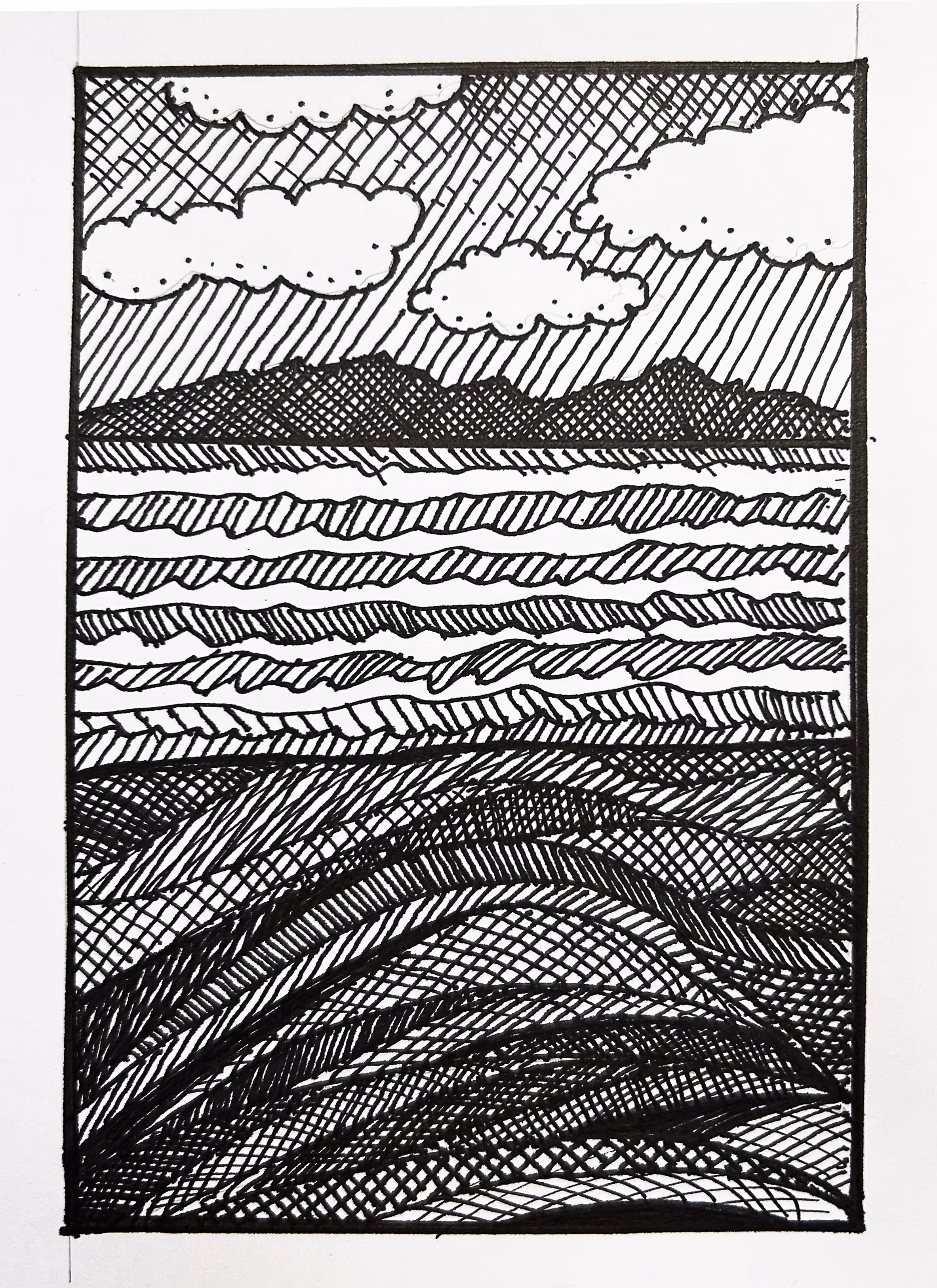 A felt tip pen sketch of a lake side beach in Wales