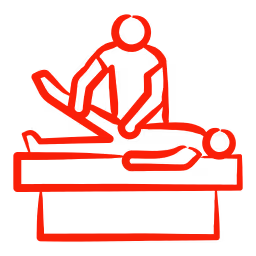 Red icon of a therapist helping a patient on a treatment table representing rehab and aftercare guidance