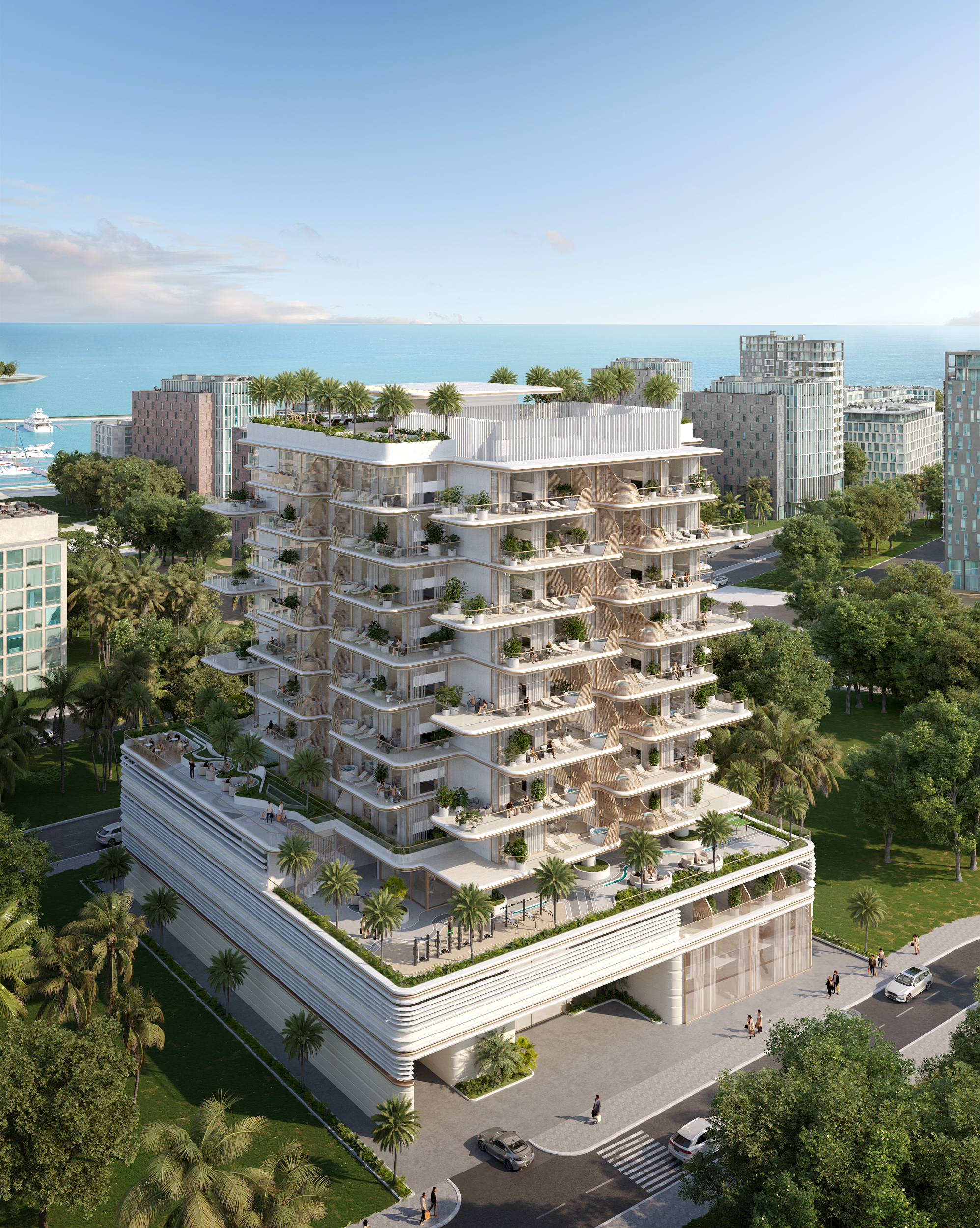 Außenansicht des luxuriösen Wohngebäudes mit Balkonen und Palmen auf den Dubai Islands