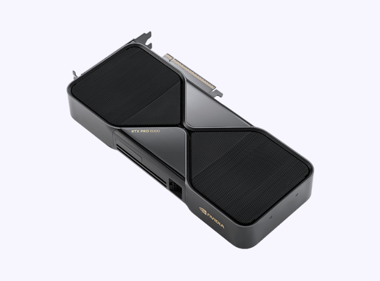 NVIDIA RTX PRO 6000 graphics card with dual large black cooling vents and PCIe connector.