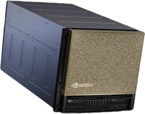 Large rectangular black and gold Nvidia server unit with a textured gold front panel displaying the Nvidia logo and multiple slots and ports below the panel.