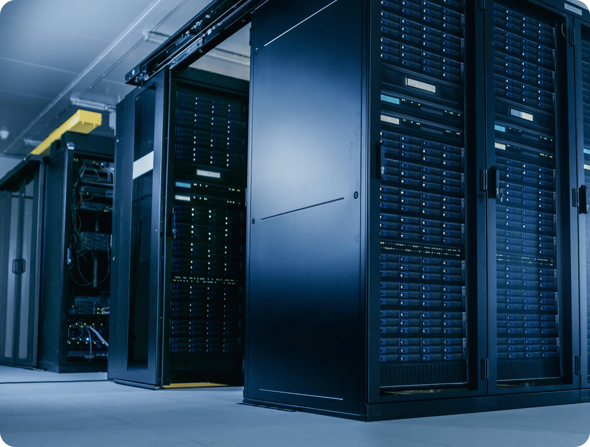 Rows of GPU server racks in a data center