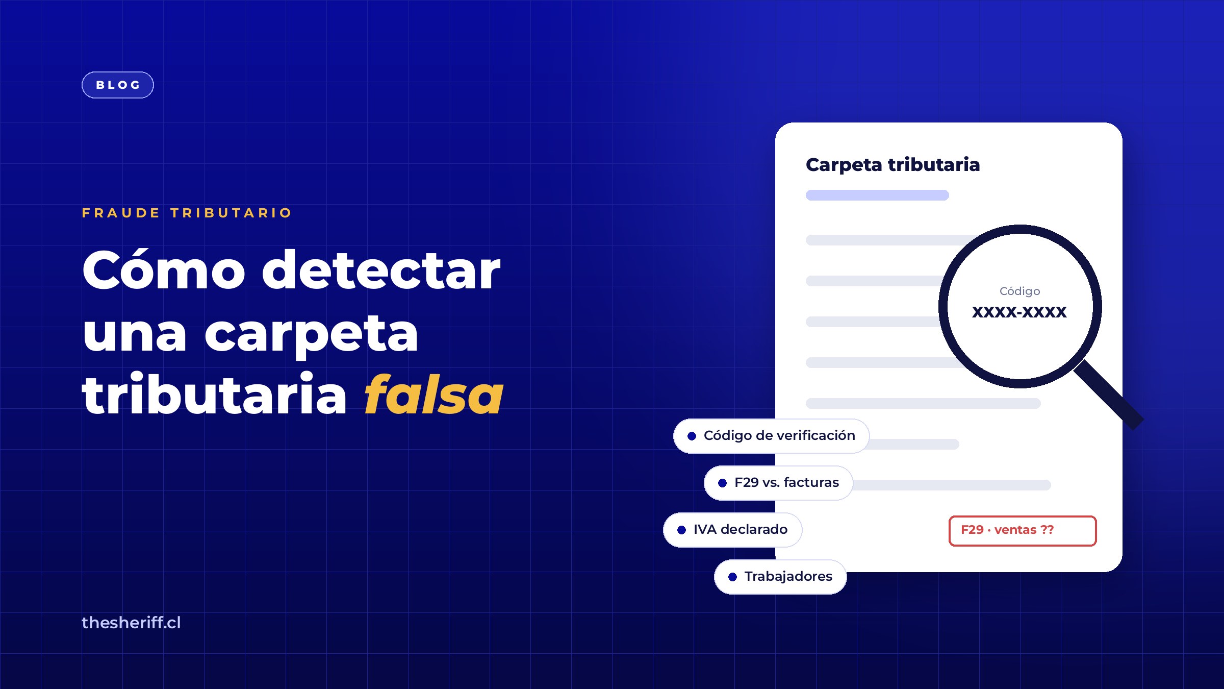 Portada: cómo detectar una carpeta tributaria falsa, con una lupa sobre el código de verificación y etiquetas de F29, facturas, IVA y trabajadores