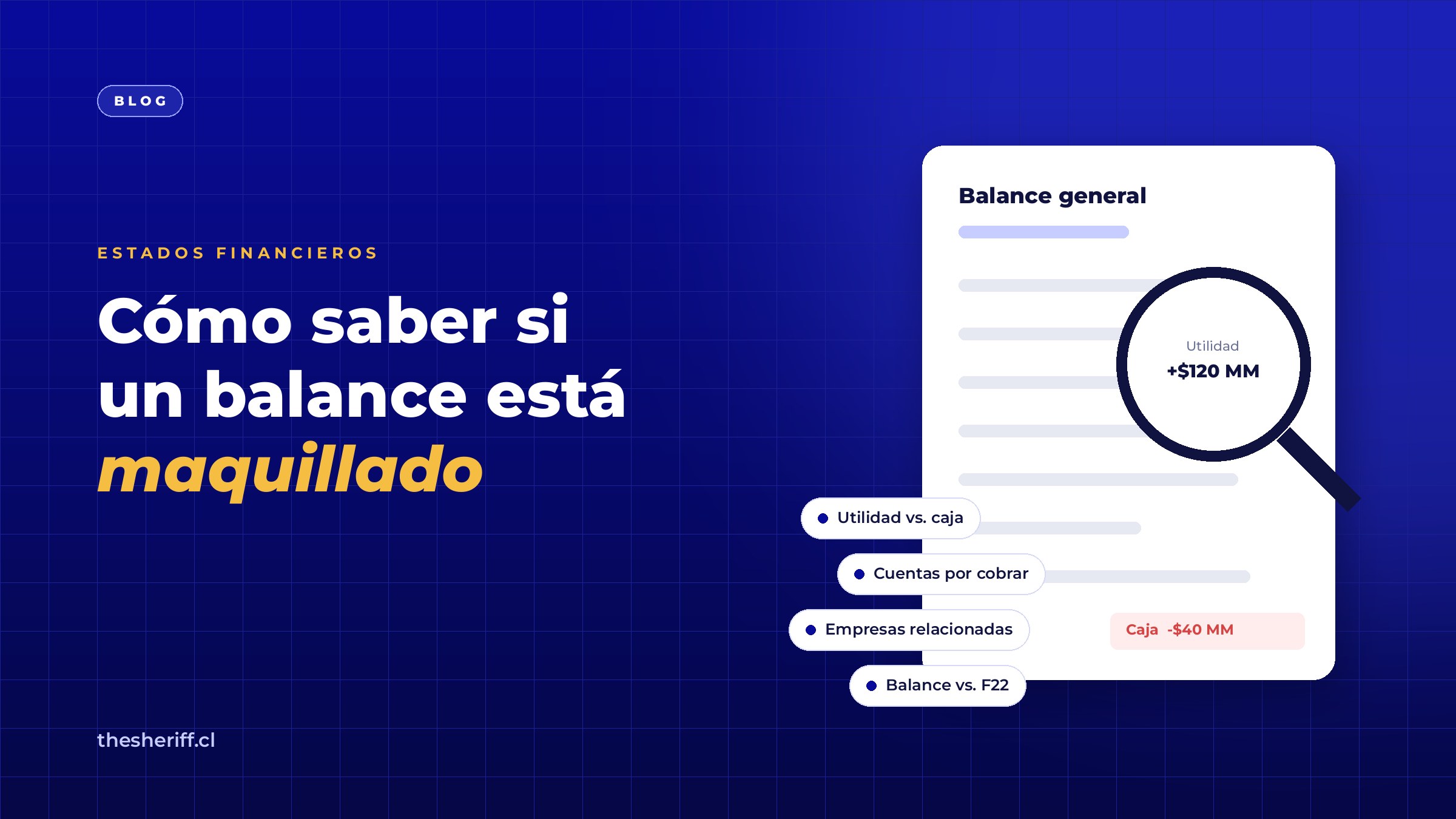 Portada: cómo saber si un balance está maquillado, con una lupa sobre la utilidad y etiquetas de caja, cuentas por cobrar, empresas relacionadas y F22