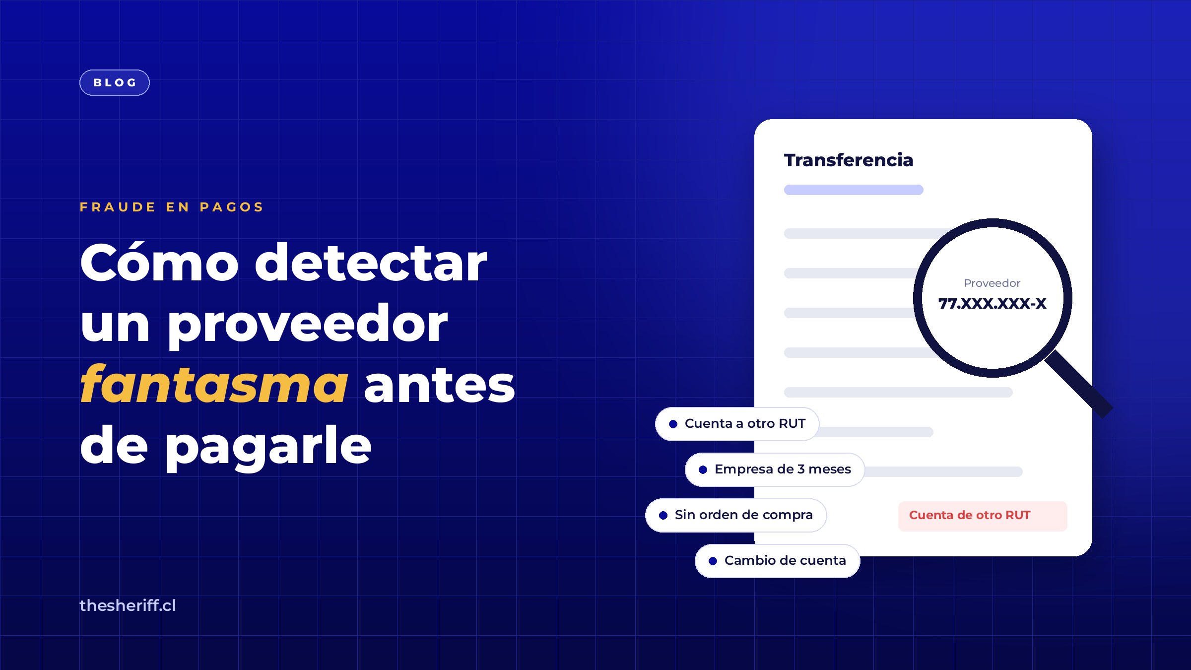 Portada: cómo detectar un proveedor fantasma antes de pagarle, con una lupa sobre el RUT del proveedor y etiquetas de cuenta a otro RUT, empresa nueva, sin orden de compra y cambio de cuenta