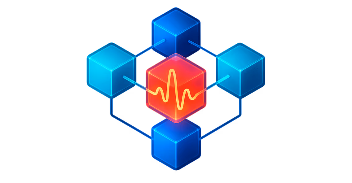 A red heart is surrounded by blue hexagons.