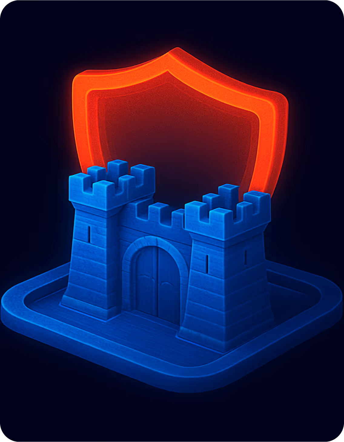 A blue castle with a red shield on top of it.