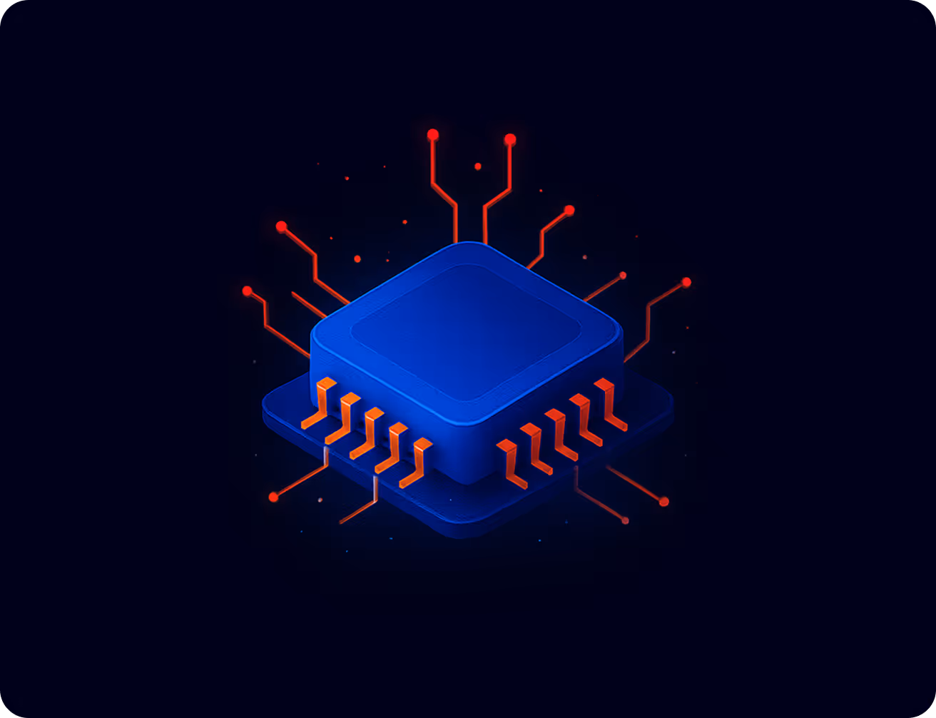 A computer chip with red and blue lights on it.