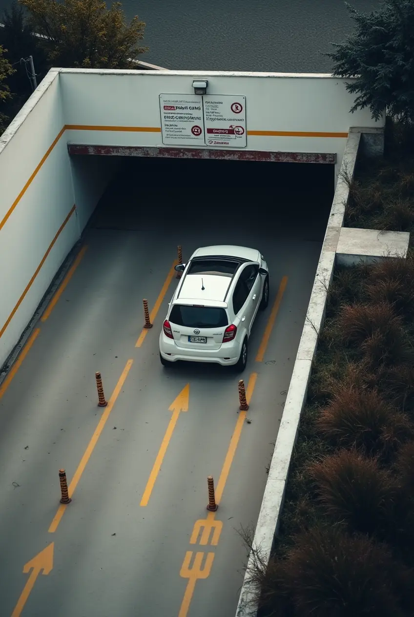 A car enters an underground parking space