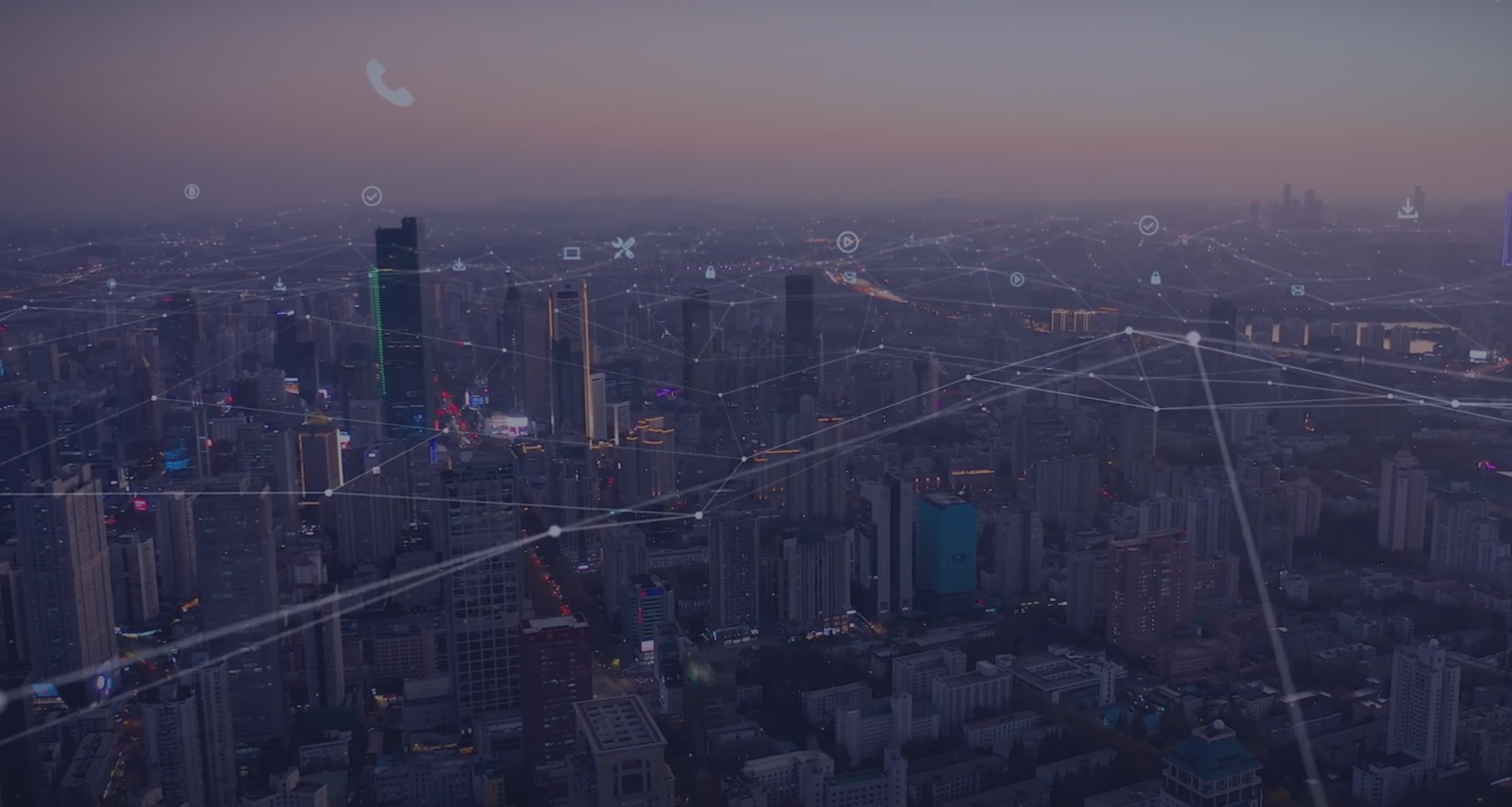 City scape background with lines connecting points throughout the city