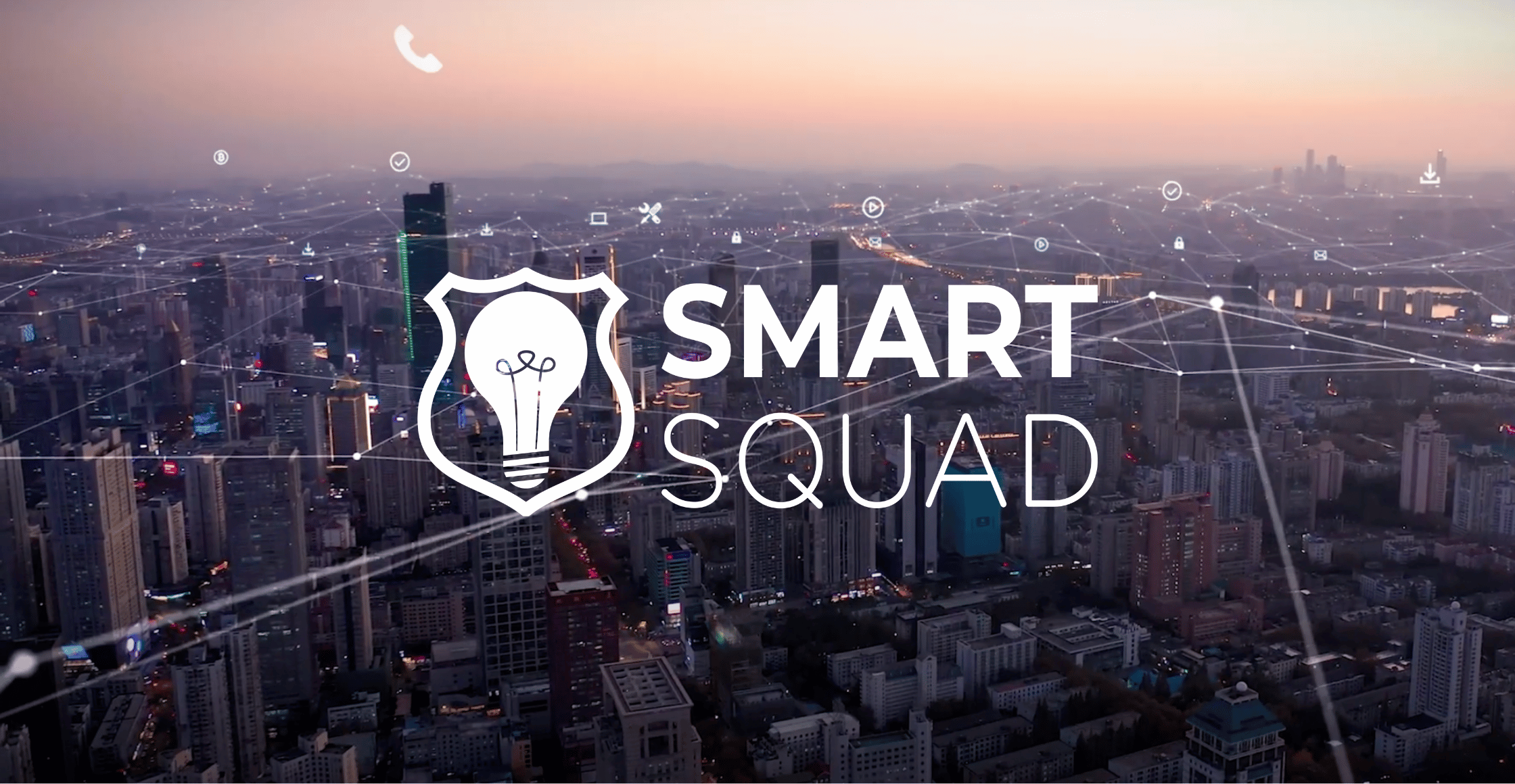 Smart Squad logo with a city scape behind it
