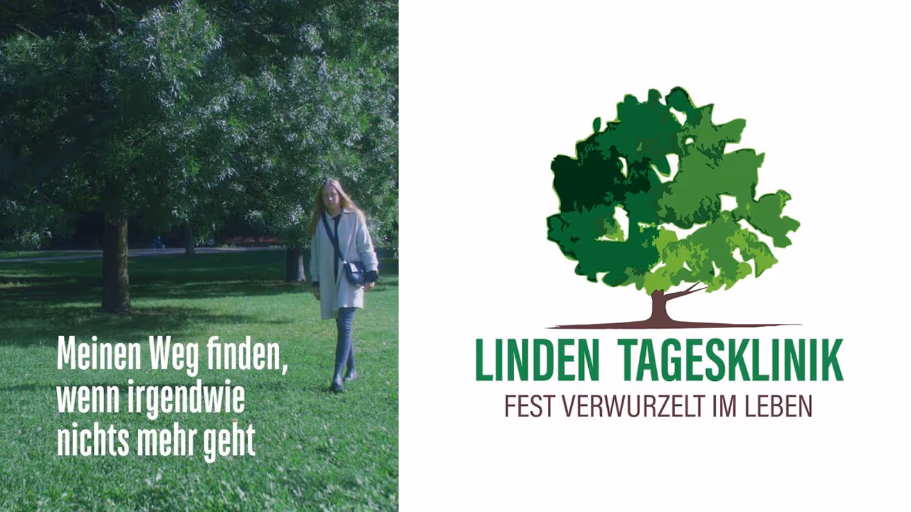 Frau geht auf einer grünen Wiese mit großen Bäumen im Hintergrund, daneben das Logo der Linden Tagesklinik mit einem grünen Baum und dem Text „Fest verwurzelt im Leben“.