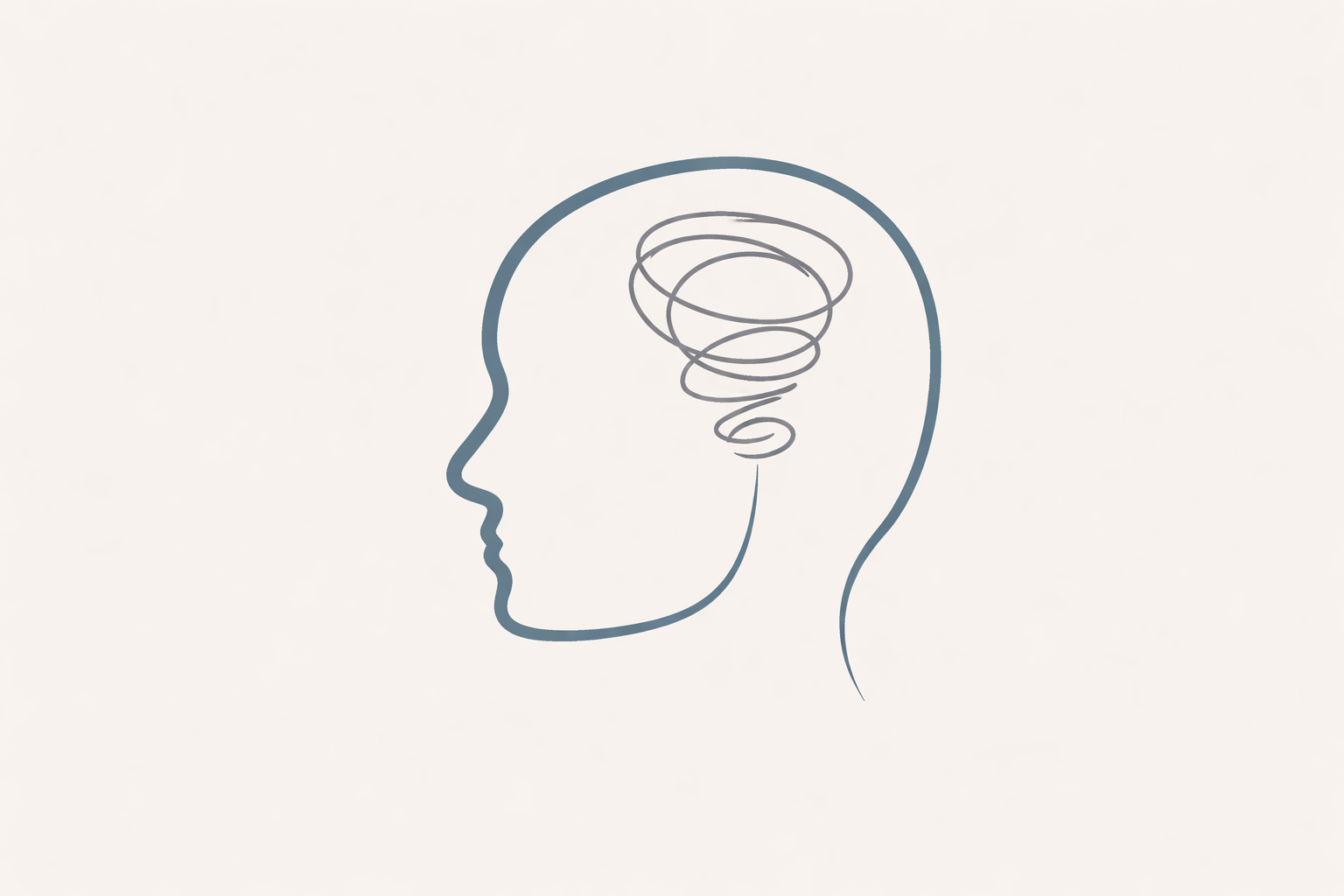 Umriss eines menschlichen Kopfes mit einer wirbelnden Spirale im Gehirnbereich, die Verwirrung oder komplexes Denken symbolisiert.