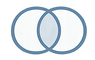 Ein Venn-Diagramm mit zwei überlappenden blauen Kreisen auf weißem Hintergrund.