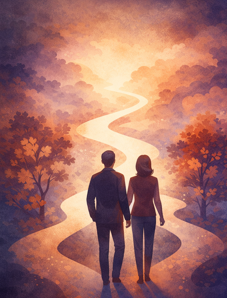 Ein Paar, das Hand in Hand auf einem leuchtenden, sich schlängelnden Weg durch herbstliche Bäume geht.