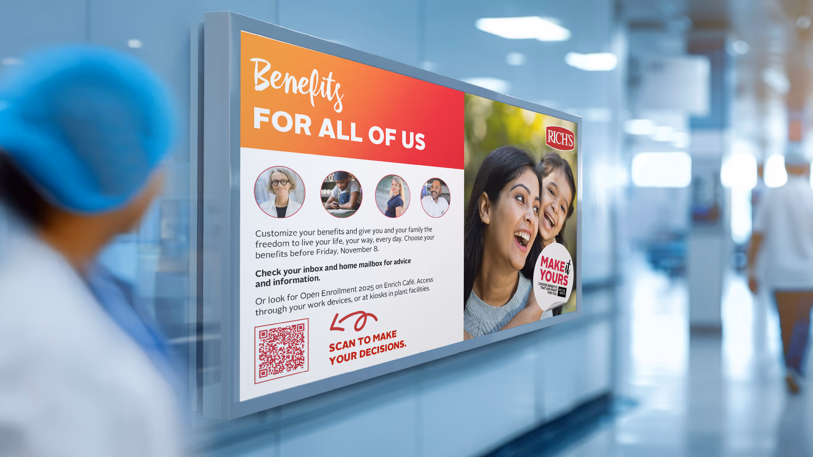 Benefits enrollment poster with smiling people and QR code