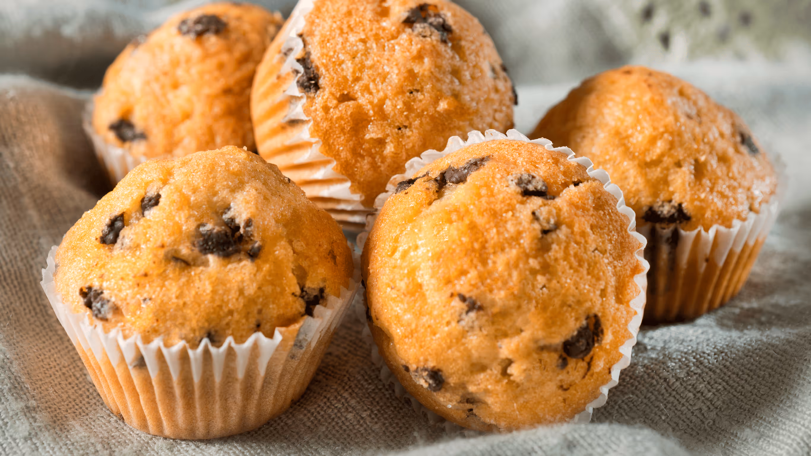 Golden chocolate chip muffins in white paper liners on textured cloth