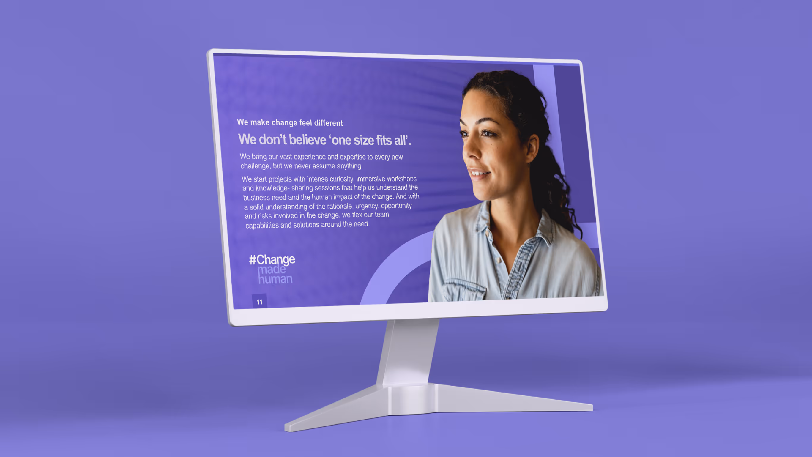 Computer screen displaying Change Made Human presentation on purple background
