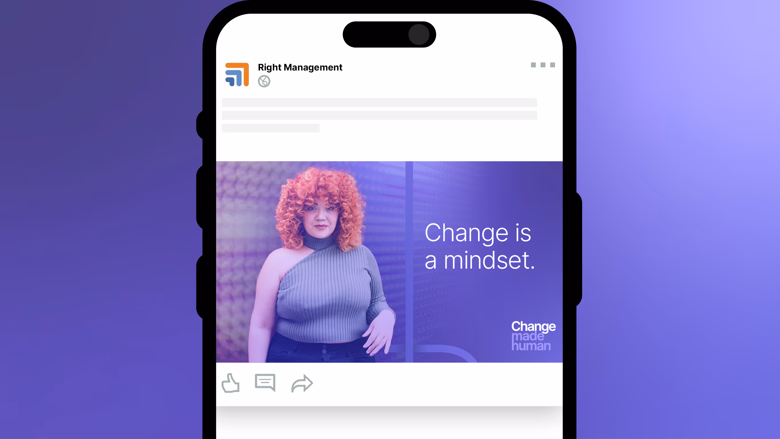 Curly-haired person in blue sweater with motivational change mindset quote