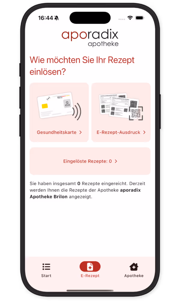 Ein Screenshot der App. Es werden die beiden Möglichkeiten zur Einlösung von E-Rezepten per Gesundheitskarte oder E-Rezept-Ausdruck gezeigt.