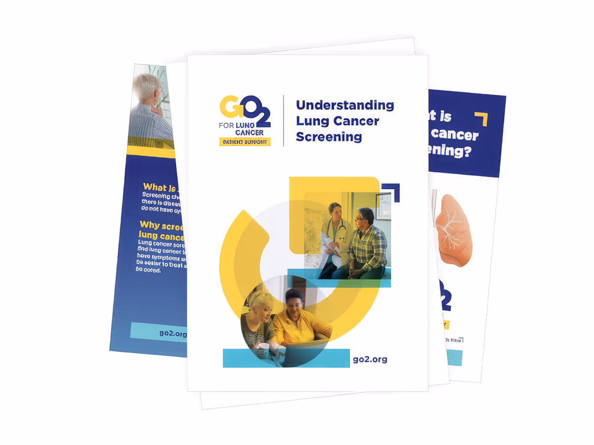 Brochure titled 'Understanding Lung Cancer Screening' from GO2 for Lung Cancer with images of a doctor consulting a patient and two women smiling.