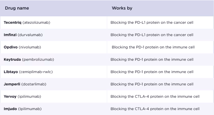 Table listing cancer drugs and their mechanisms: Imfinzi (durvalumab) blocks PD-L1 protein on cancer cells; Keytruda (pembrolizumab) and Jemperli (dostarlimab) block PD-1 protein on immune cells; Imjudo (ipilimumab) blocks CTLA-4 protein on immune cells.