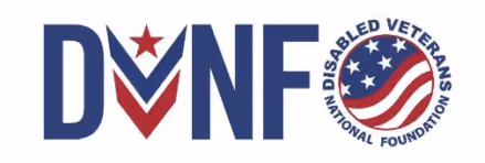 DVNF logo with stylized letters featuring a red chevron and star, next to a round emblem of the Disabled Veterans National Foundation with stars and stripes.