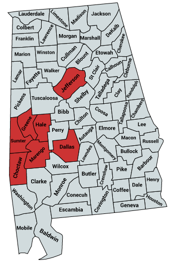 Map of Alabama counties with Jefferson, Hale, Dallas, Sumter, Greene, Choctaw, and Marengo counties highlighted in red.