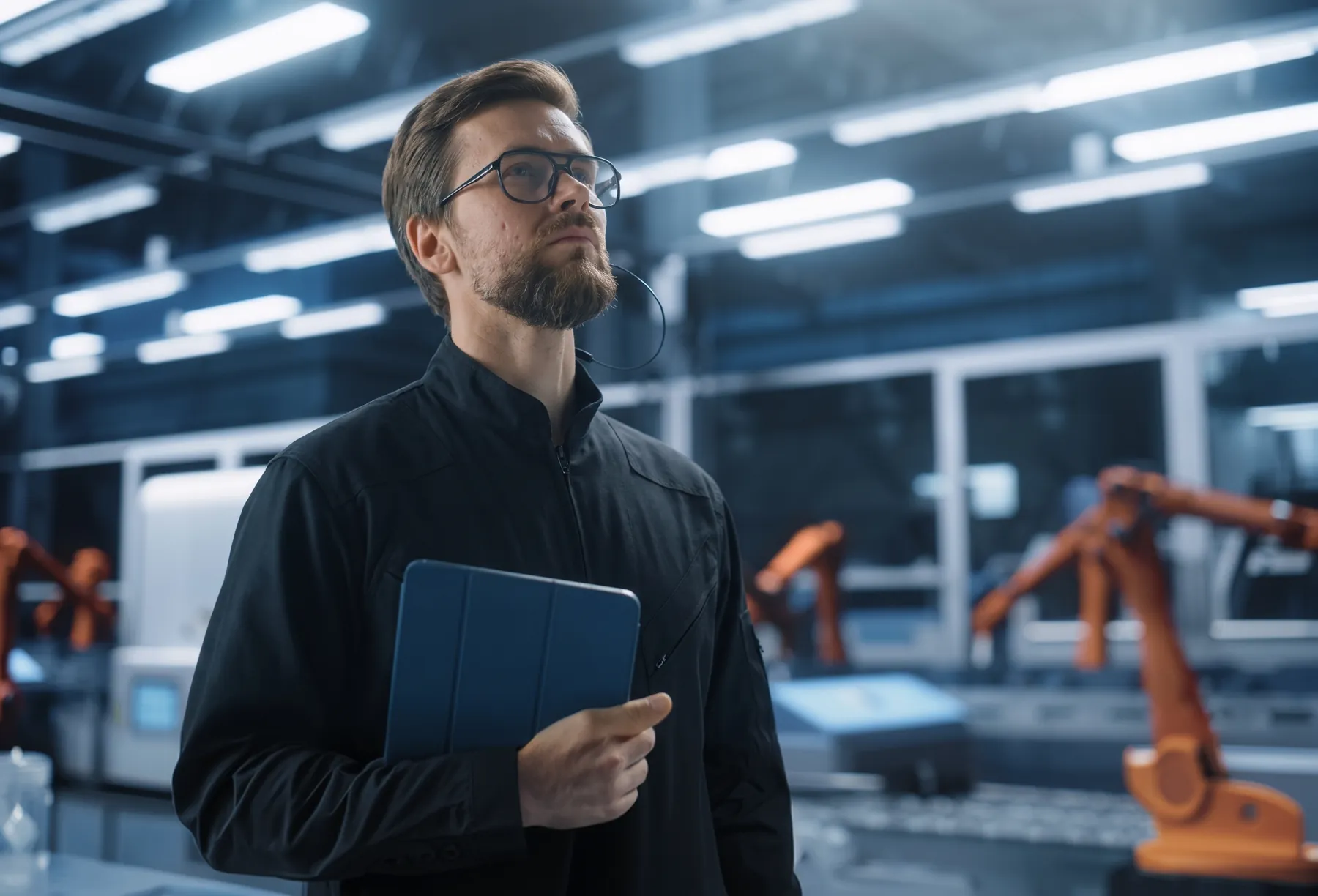 Executive holding a tablet on a factory floor