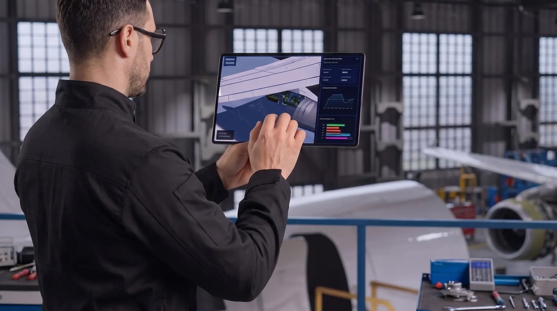Quality engineer checking an aircraft component on a tablet