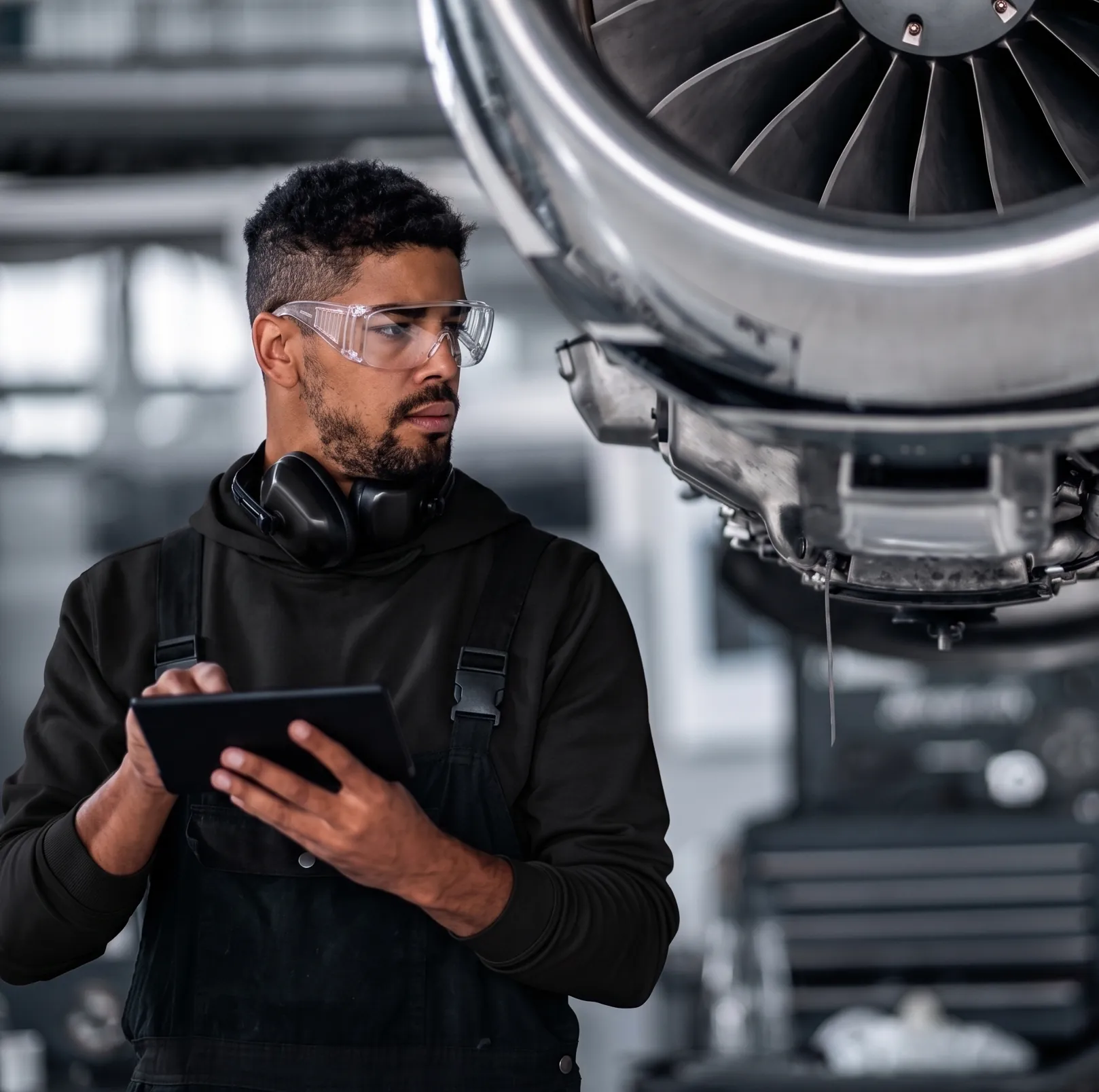 Aerospace engineer using a tablet beside a jet engine