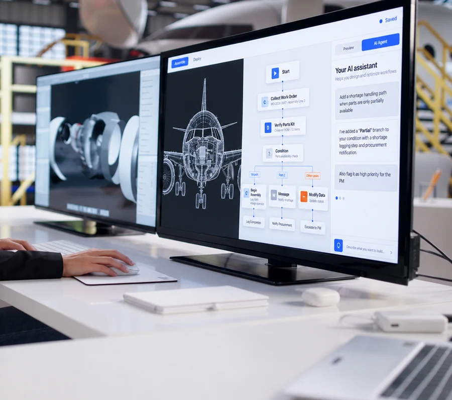 Engineer comparing a 3D engine model across two monitors