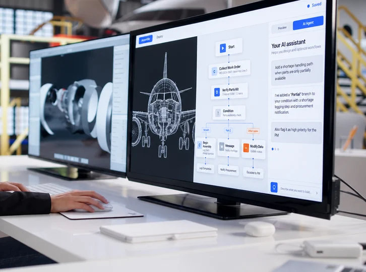 Engineer reviewing a 3D engine model across two monitors