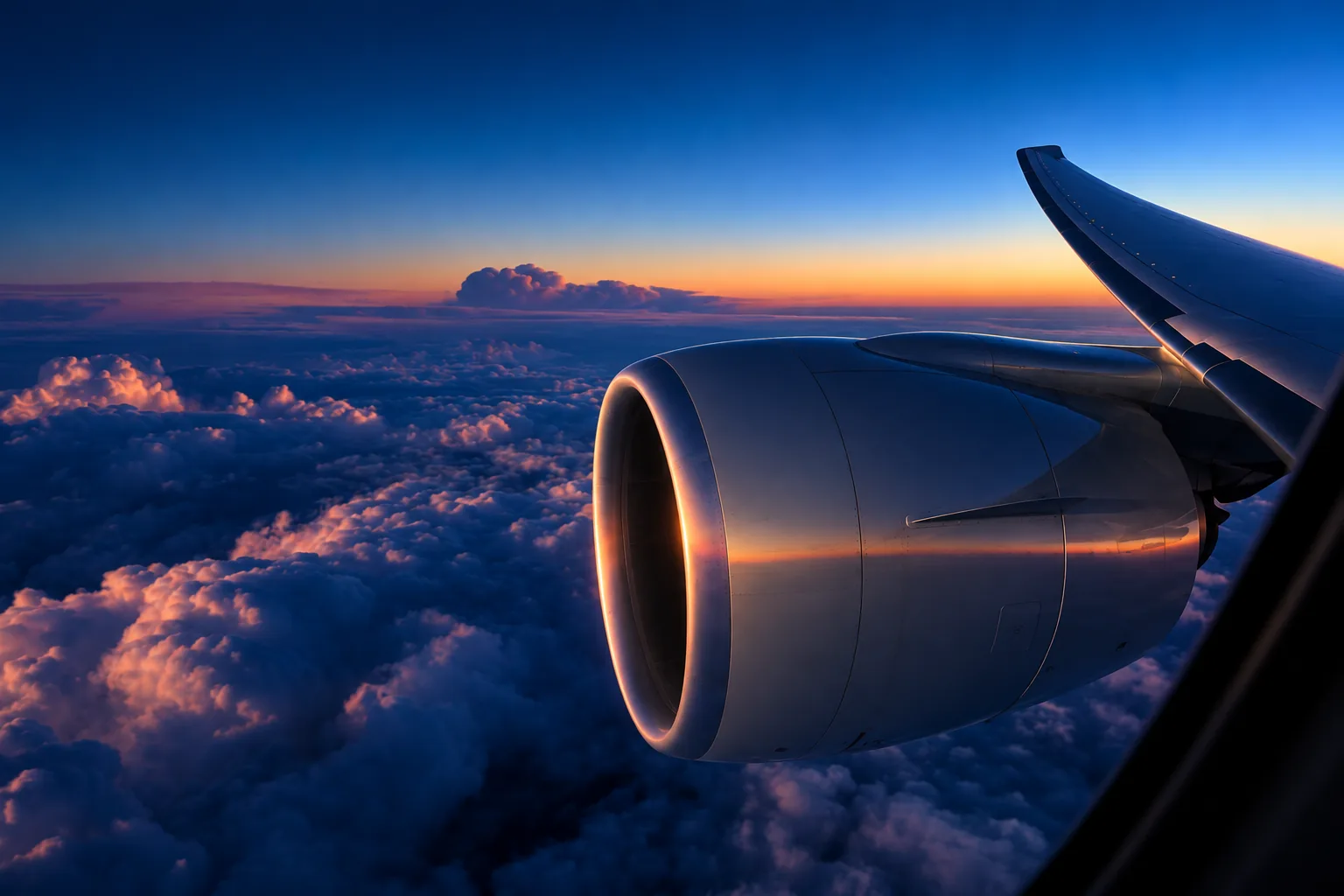 Jet engine above the clouds at sunset
