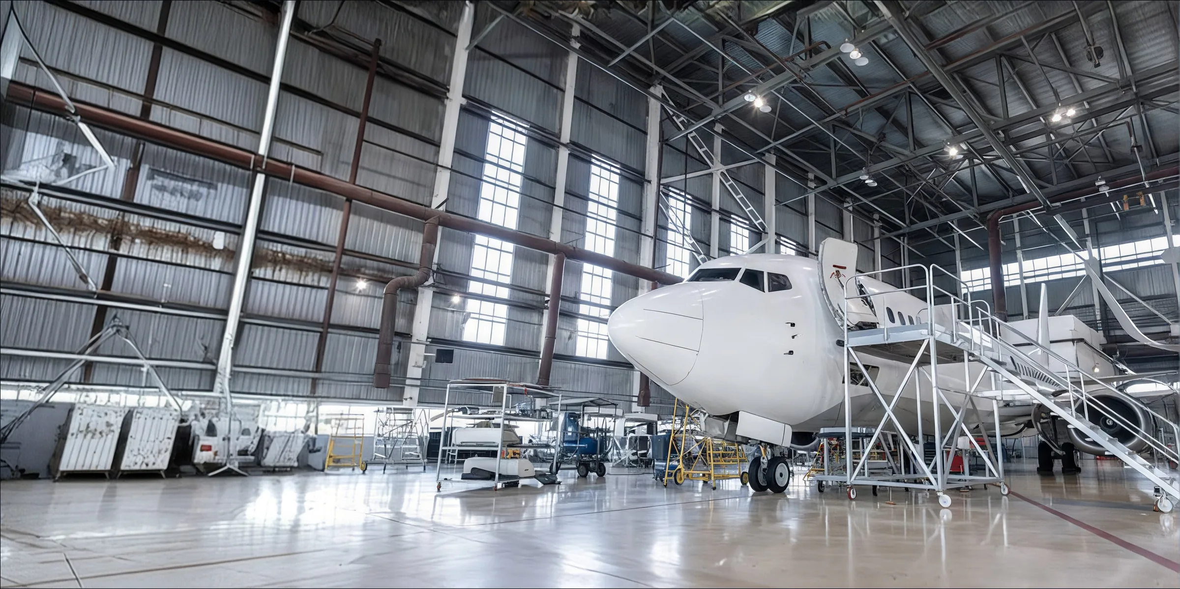 Engineer with a tablet in an aircraft maintenance hangar