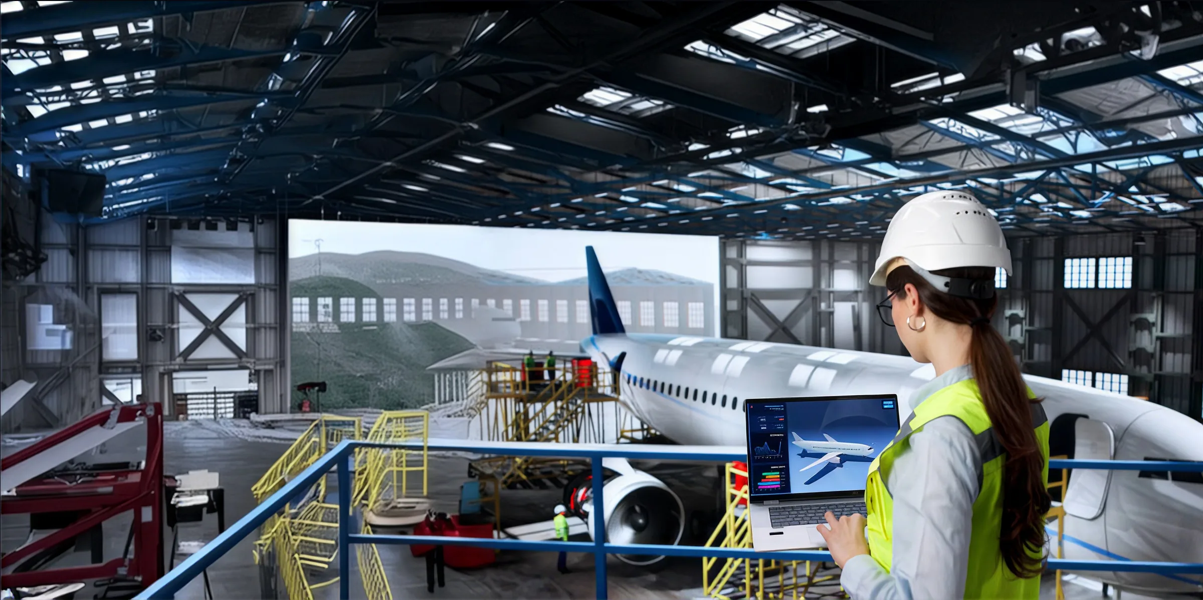 Technician reviewing a work order on a tablet beside a turbine