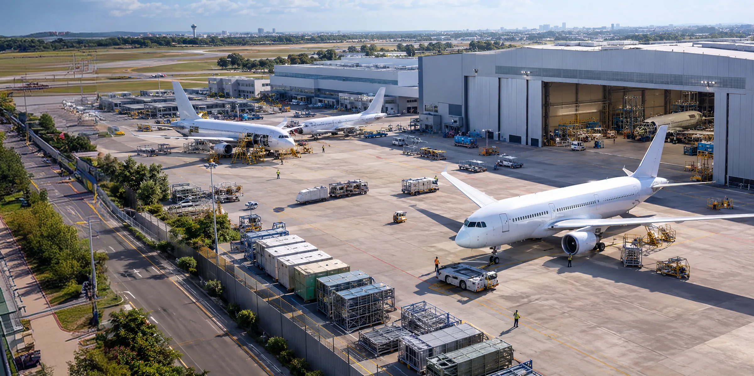 Buyer and supplier shaking hands in a hangar