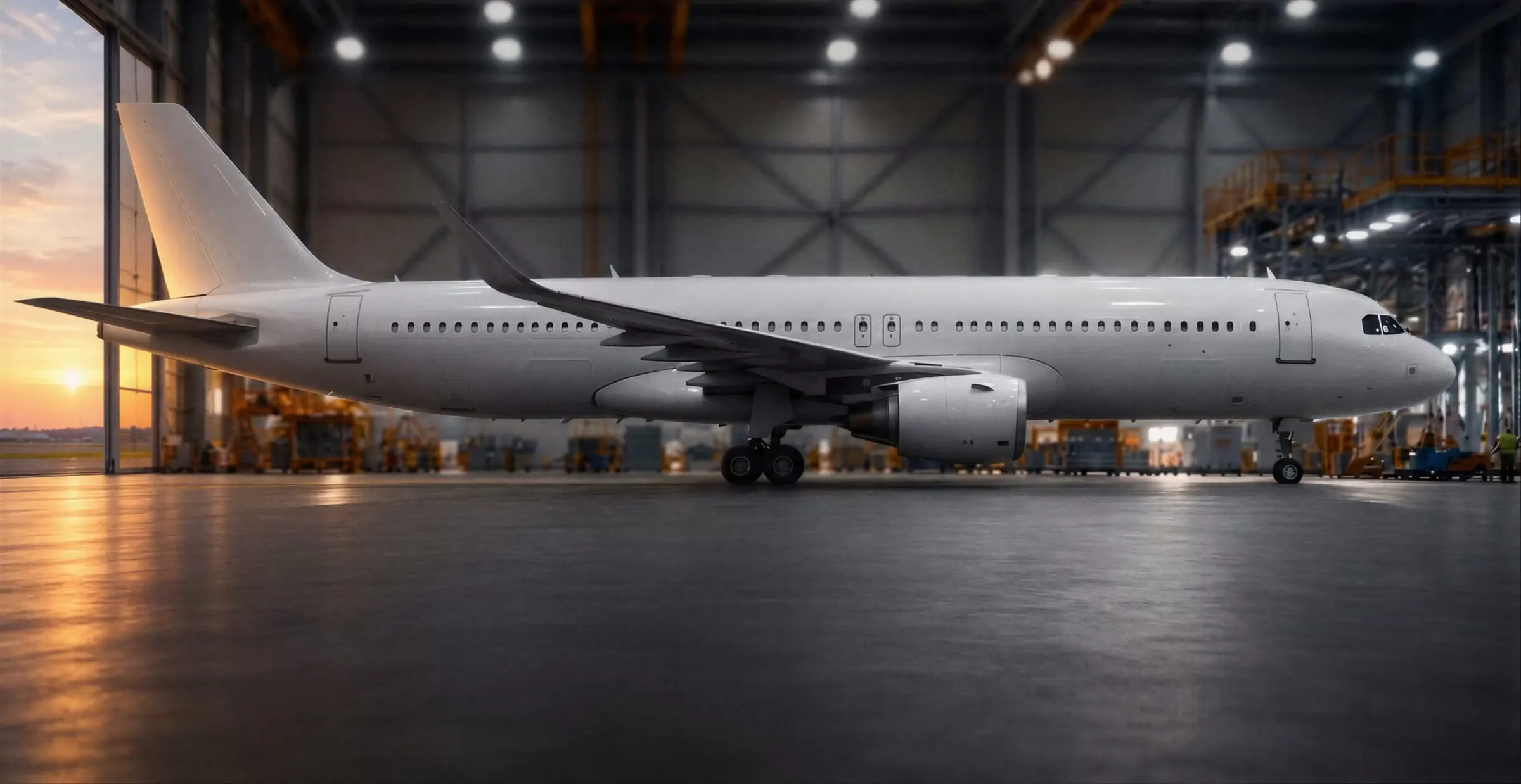 Aircraft parked in a maintenance hangar