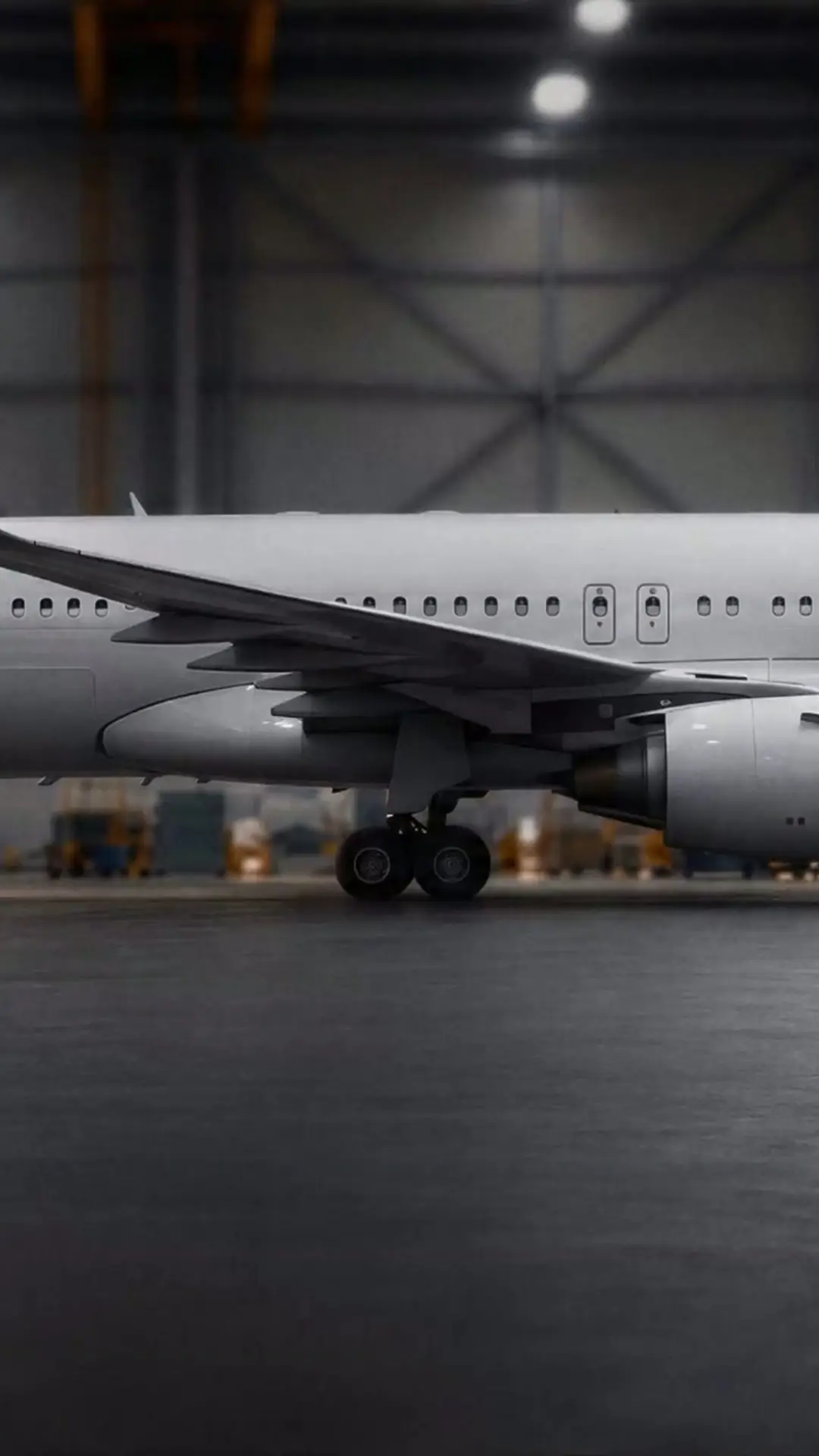 Aircraft parked in a maintenance hangar