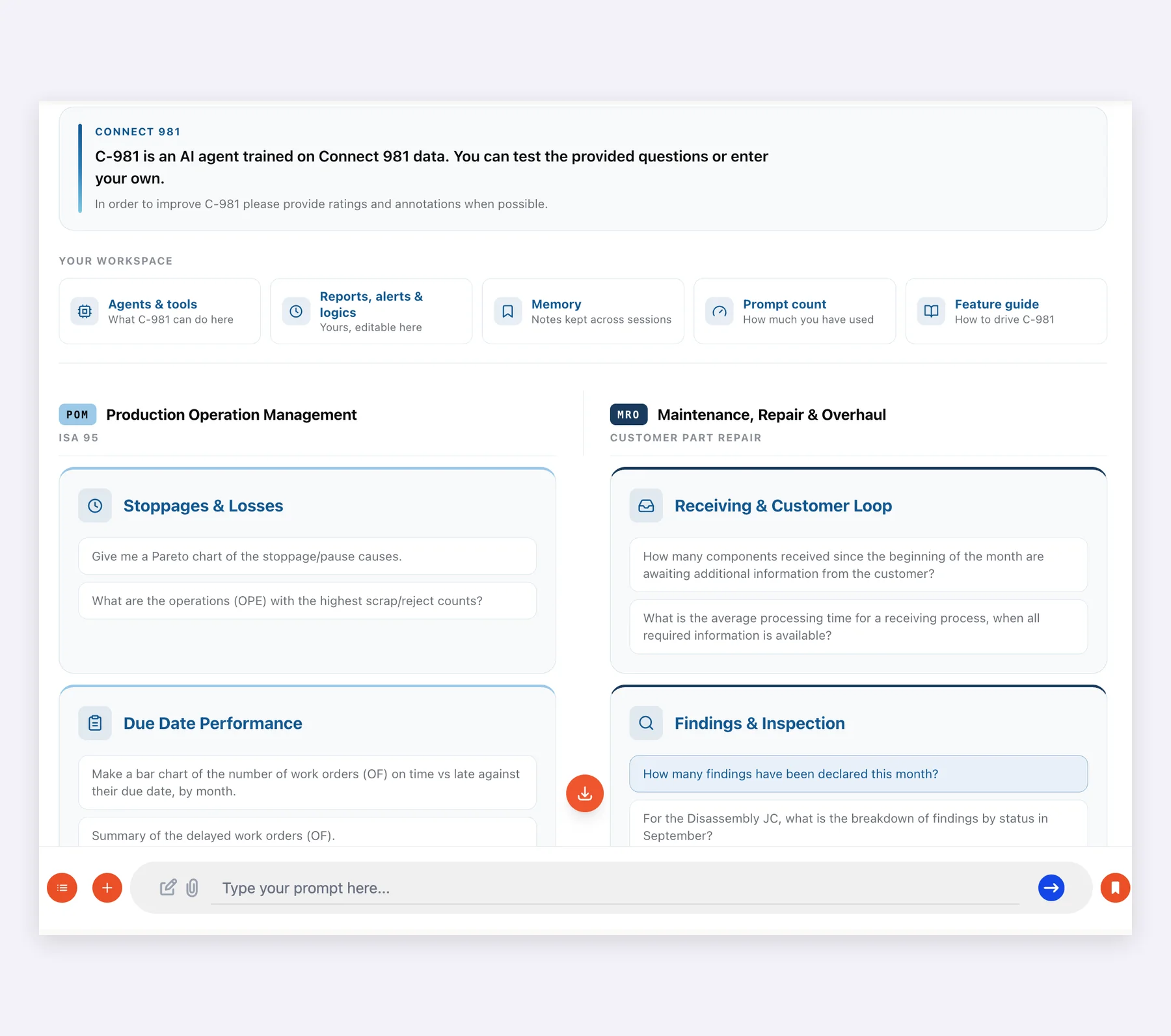 Connect981 AI Agent answering operational questions