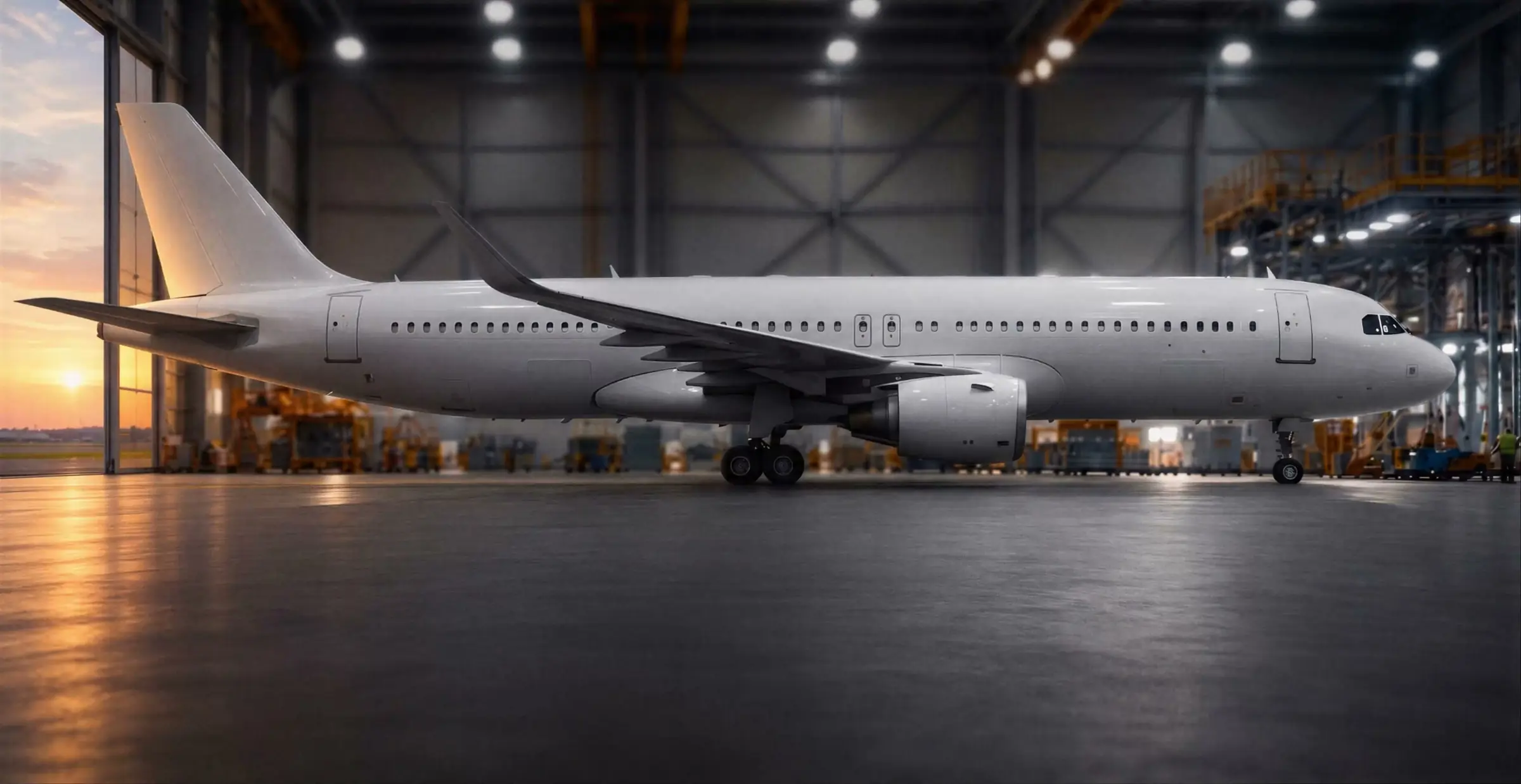 Aircraft parked in a maintenance hangar